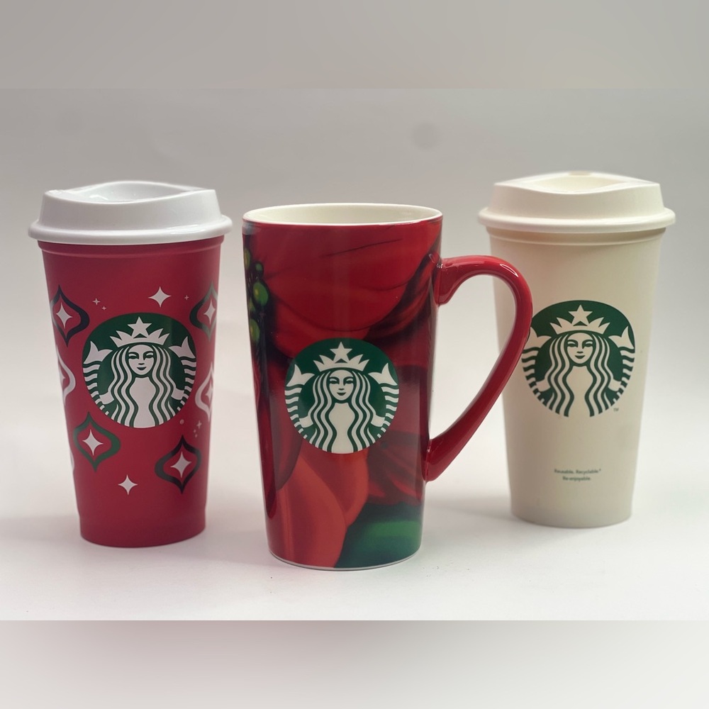 Starbucks Christmas 2020 Holiday Poinsettia Ceramic  Mug 2  Plastic Tumbler Cup